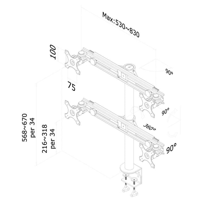 Best Value Newstar FPMA-D700D4 Tilt/Turn/Rotate Quad Desk Mount (clamp) for four 19-30" Monitor Screens, Height Adjustable - Black