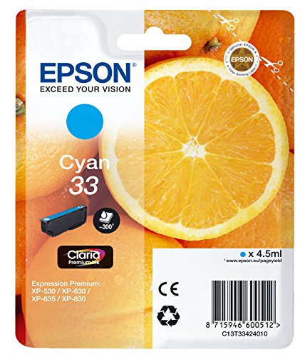 Epson 33 - 4.5 ml - cyan - original - blister - ink cartridge - for Expression Home XP-635, 830, Expression Premium XP-530, 540, 630, 635, 640, 645, 830, 900