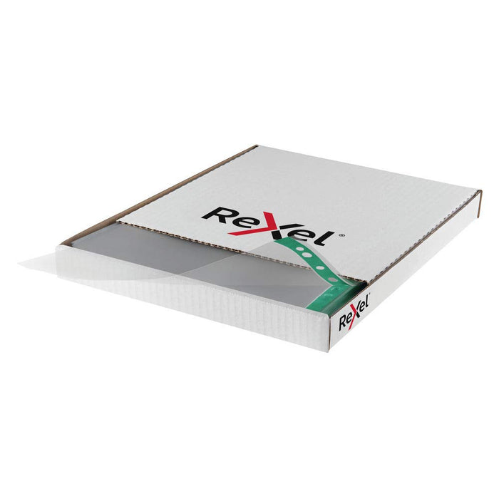 Best Value Rexel 12265 Plastic Pocket Folder, Reinforced A4 Pockets with Green Strip, Clear - Pack of 100