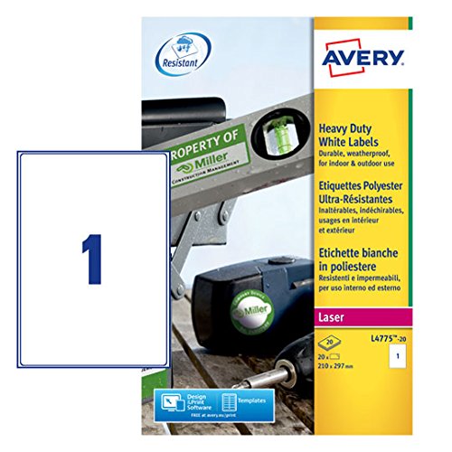 Best Value Avery L4775-20 Extra-Strong Adhesive Heavy Duty Weatherproof Labels, 1 Label Per A4 Sheet