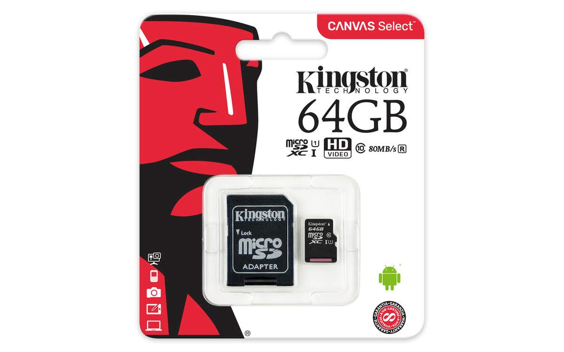 Best Value Kingston Canvas Select (SDCS/64GB) MicroSDClass 10 UHS-I Speeds Up to 80 MB/s Read (SD Adapter Included) - Bring Your HD Videos to Life