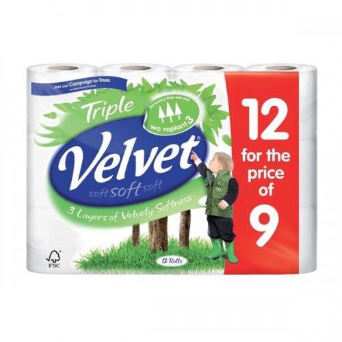 Best Value Triple Velvet Toilet Rolls White Ref VSCADVW12 [Pack 9]