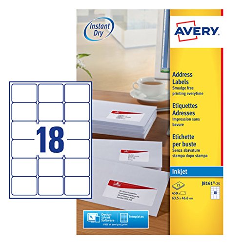 Best Value Avery Self Adhesive Address Mailing Labels, Inkjet labels, 18 labels per A4 sheet, 450 labels, QuickDRY (J8161)