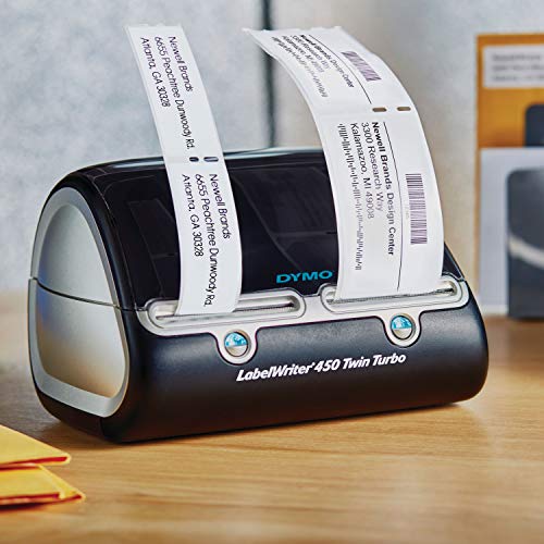 DYMO LabelWriter 450 Twin Turbo Label Printer. 2 rolls of labels ready to print. Label, mail, and file smarter with proprietary DYMO Label" v.8 Software. Prints up to 71 labels per minute, thermal printing technology, prints directly from Microsoft Office programmes. 600x300 dpi graphics mode.