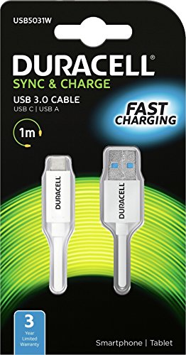 Duracell - USB cable - USB Type A (P) to USB-C (P) - USB 3.0 - 1 m - white