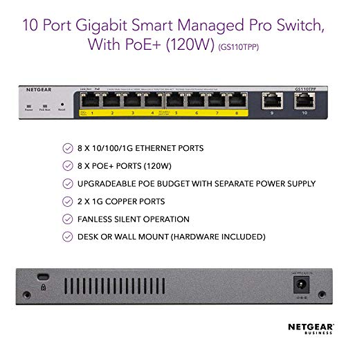 NETGEAR Smart GS110TPP - Switch - smart - 8 x 10/100/1000 (PoE+) + 2 x 10/100/1000 (uplink) - desktop - PoE+ (120 W)