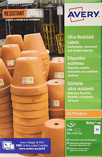 Avery Ultra Resistant Labels 38 x 21 mm Permanent 65 Labels Per Sheet 1300 Labels Per Pack B7651-20