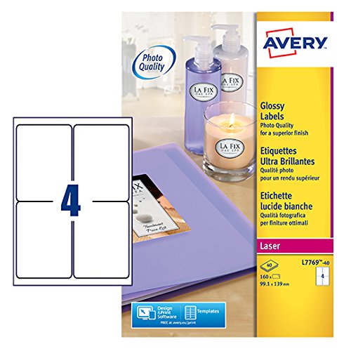 Best Value Avery L7769-40 Glossy Labels with A4 Sheets (139 x 99.1 mm, 4 Labels Per Sheet, 40 Sheets) - White