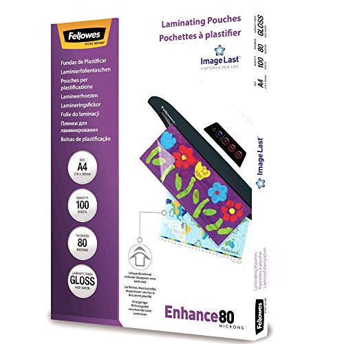 Best Value Fellowes A4 Laminating Pouches, Gloss, 80 Micron with Image Last Directional Quality Mark, Pack of 100