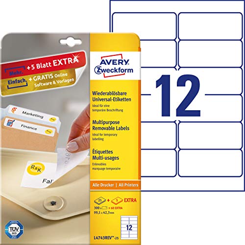 Best Value Avery L4743REV-25 Self-Adhesive Removable Labels, 12 Labels Per A4 Sheet