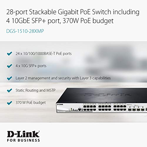 D-Link SmartPro DGS-1510-28XMP - Switch - L3 - Managed - 24 x 10/100/1000 (PoE+) + 4 x 10 Gigabit SFP+ - desktop, rack-mountable - PoE+ (370 W)