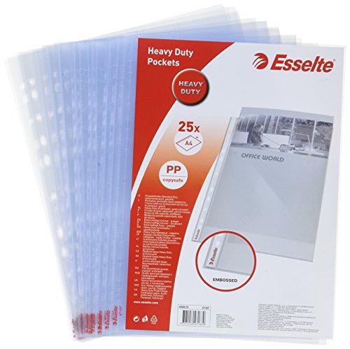 Best Value Esselte Heavy Duty Punched Pocket, Pack of 25, Holds up to 20 A4 sheets, Transparent, 115 Micron PP Material, 47187