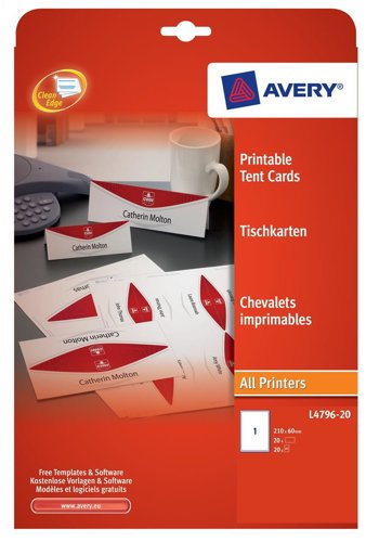 Best Value Avery L4796-20 Printable Place/Tent Cards, 1 Card Per A4 Sheet, White