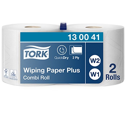 Best Value Tork 130041 Wiping Paper Plus Combi Roll / Wiping Paper Rolls Suitable for W1 and W2 Wipers System Dispensers / Extra Strong Paper Towel Roll / White / 2 x 255m /  26.2cm