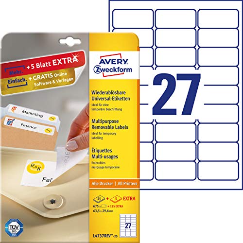 Best Value Avery L4737REV-25 Self-Adhesive Removable Labels, 27 Labels Per A4 Sheet, White