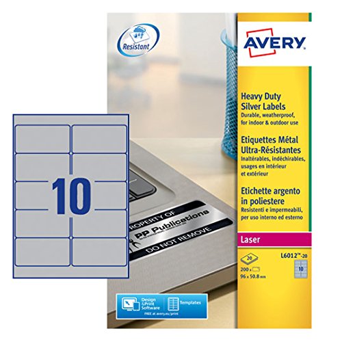 Best Value Avery L6012-20 (96.0 x 50.8mm) Extra-Strong Adhesive Silver Heavy Duty Labels, 10 Labels Per A4 Sheet