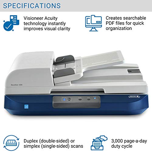 Xerox DocuMate 4830 - Document scanner - Contact Image Sensor (CIS) - Duplex - A3 - 600 dpi - up to 50 ppm (mono) / up to 30 ppm (colour) - ADF (75 sheets) - up to 3000 scans per day - USB 2.0