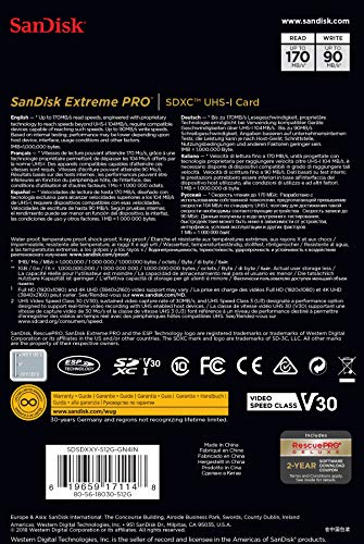 SanDisk Extreme Pro - Flash memory card - 512 GB - Video Class V30 / UHS-I U3 / Class10 - SDXC UHS-I