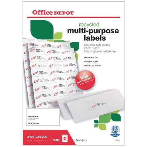 Best Value OD 70 x 36 mm Multi-Purpose Recycled Labels with Square Corners (Pack of 100 Sheets) - White