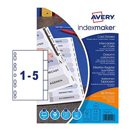 Best Value Avery 01810061 A4 IndexMaker Punched Card Dividers with Printable Tabs, 5 Part Dividers - White