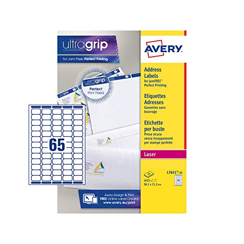 Best Value Avery Self Adhesive Mini Organising Return Address Labels, Laser Printers, 65 Labels per A4 sheet, 1625 labels, UltraGrip (L7651)