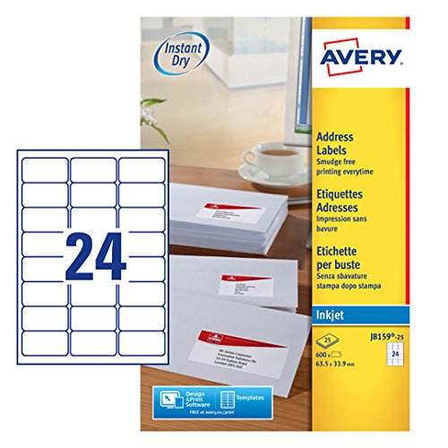 Best Value Avery Self Adhesive Address Mailing Labels, Inkjet Printers, 24 Labels per A4 Sheet, 600 labels, QuickDRY (J8159)