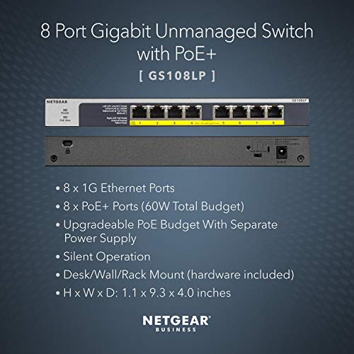 NETGEAR GS108LP - Switch - 8 x 10/100/1000 (PoE+) - desktop, rack-mountable, wall-mountable - PoE+ (60 W) - DC power