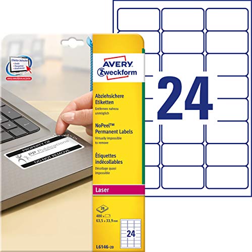 Best Value Avery L6146-20 Extra-Strong Adhesive NoPeel Permanent Labels, 24 Labels Per A4 Sheet, white