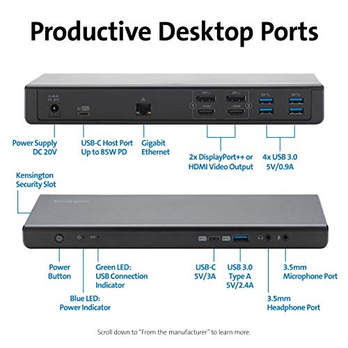 Kensington SD4750P USB-C & USB 3.0 Dual 4K Docking Station w/ 135W adapter - DP & HDMI - Win/Mac - Docking station - USB-C / USB 3.0 - 2 x HDMI, 2 x DP - GigE - 135 Watt - Europe