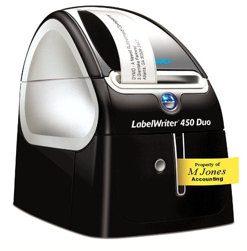 DYMO LabelWriter 450 Duo Label Printer Print paper labels and permanent DYMO D1 plastic labels in a variety of colors and sizes Label, mail, and file smarter with proprietary DYMO Label" v.8 Software. Prints up to 71 labels per minute, thermal printing technology, prints directly from Microsoft Office programmes. 600x300 dpi graphics mode.