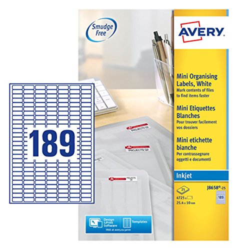 Best Value Avery J8658-25 Self-Adhesive Mini Filing Labels, 189 Labels Per A4 Sheet