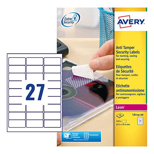 Best Value Avery L6114-20 Anti Tamper Labels (A4 Sheets of 63.5 x 29.6 mm, 27 Labels per Sheet, 20 Sheets) - White