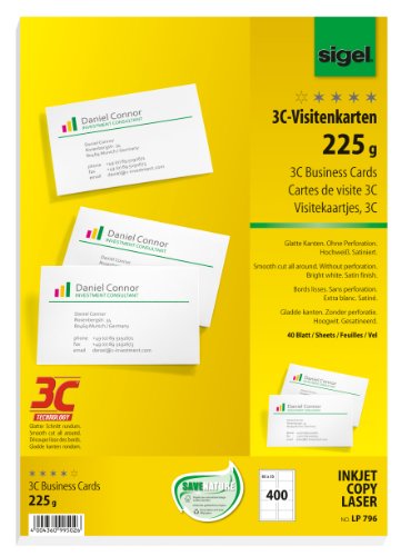 Best Value SIGEL LP796, 85x55 mm (A4), Business Cards, 3C, smooth cut all around, 225 gsm, bright white, 400 pcs.=40 sheets