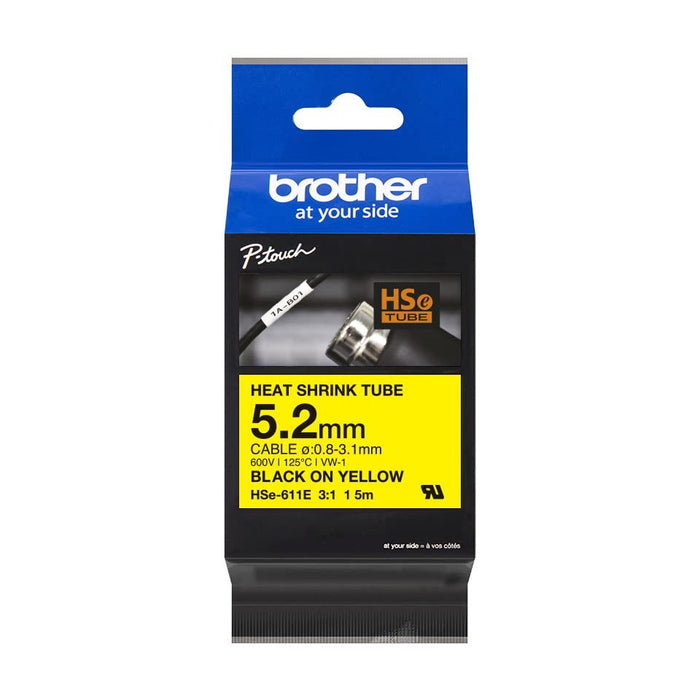 Brother HSe-611E - Black on yellow - Roll (0.52 cm x 1.5 m) 1 cassette(s) hanging box - heat shrink tube tape - for P-Touch PT-D800W, PT-E300, PT-E300VP, PT-E550WVP, PT-P700, PT-P750W, PT-P900W, PT-P950NW