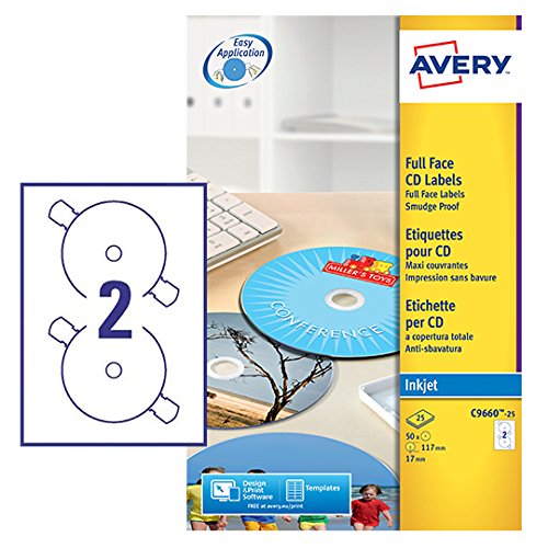 Best Value Avery C9660-25 Self-Adhesive Glossy Full Face CD Labels, 2 Labels Per A4 Sheet,White