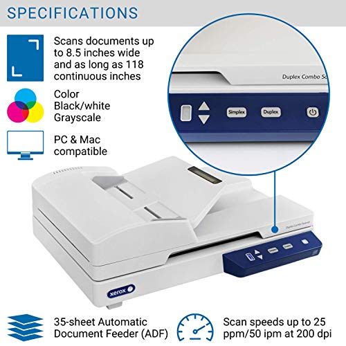 Xerox Duplex Combo Scanner - Document scanner - Contact Image Sensor (CIS) - Duplex - 216 x 2997 mm - 600 dpi - ADF (35 sheets) - up to 1500 scans per day - USB 2.0