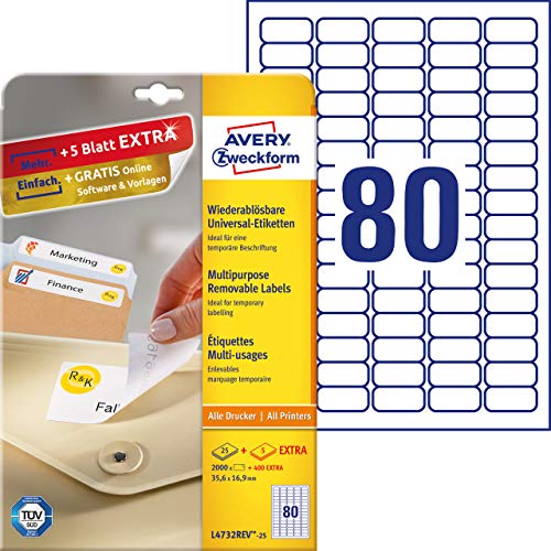 Best Value Avery L4732REV-25 Self-Adhesive Removable Mini Labels, 80 Labels Per A4 Sheet, White