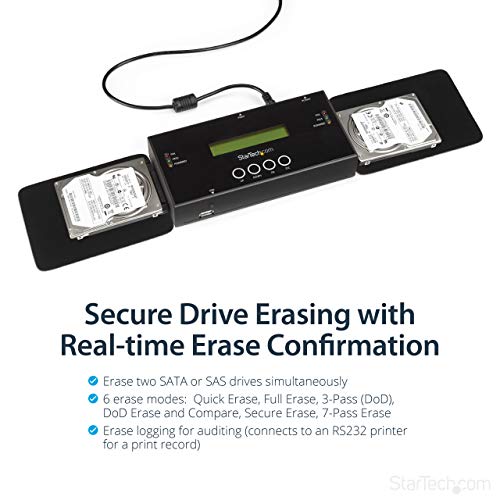 StarTech.com SATSASDUPE11 1:1 Hard Drive Duplicator and Eraser for 2.5 Inch/ 3.5 Inch SATA (I/II/III) and SAS (I/II) HDD SSD, LCD and RS-232, Cloner and Wiper