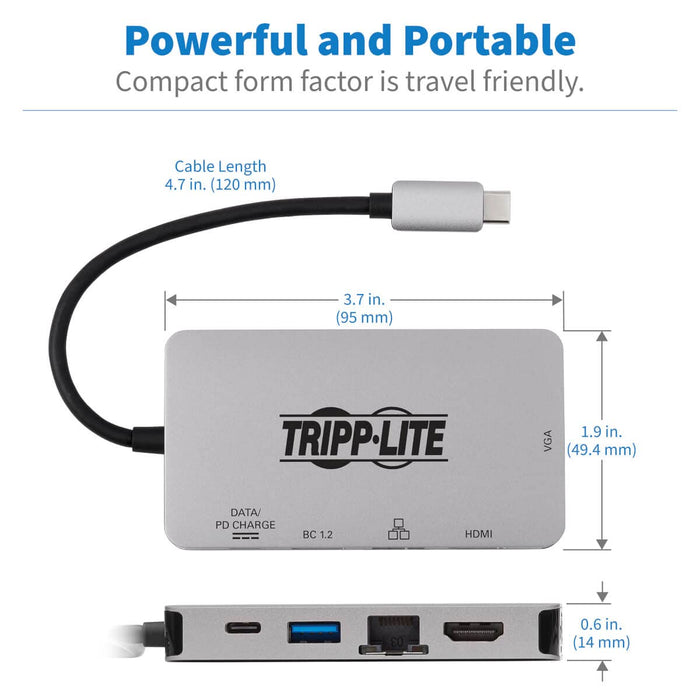 Tripp Lite USB-C Portable Docking Station - HDMI 4K @ 30 Hz, VGA, USB-A/USB-C, GbE, PD Charging 3.0, Gray - Docking station - USB-C - VGA, HDMI, USB-C - GigE