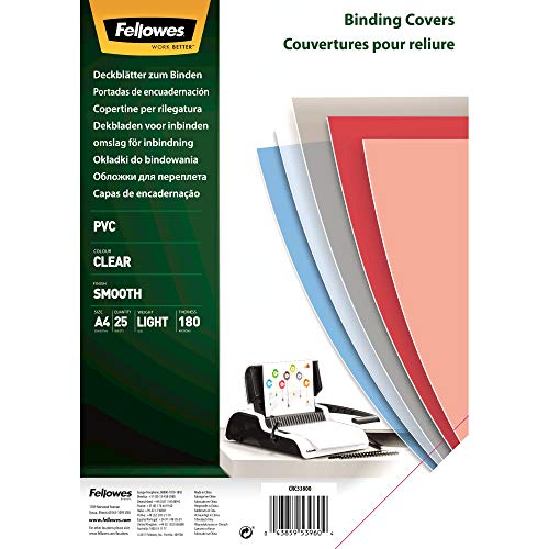 Best Value Fellowes A4 Binding Covers, PVC 180 Micron, Clear, Pack of 25