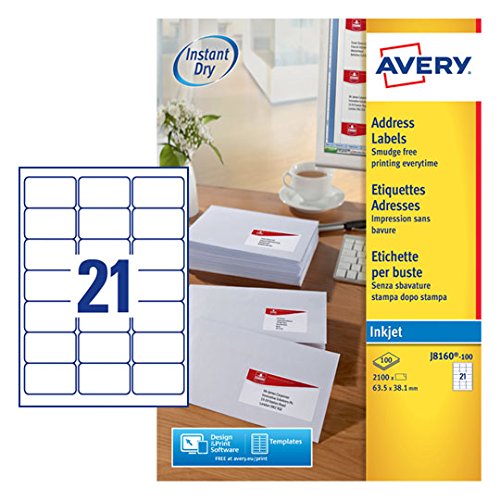 Best Value Avery Self Adhesive Address Mailing Labels, Inkjet Printers, 21 Labels per A4 Sheet, 2100 labels, QuickDRY (J8160)