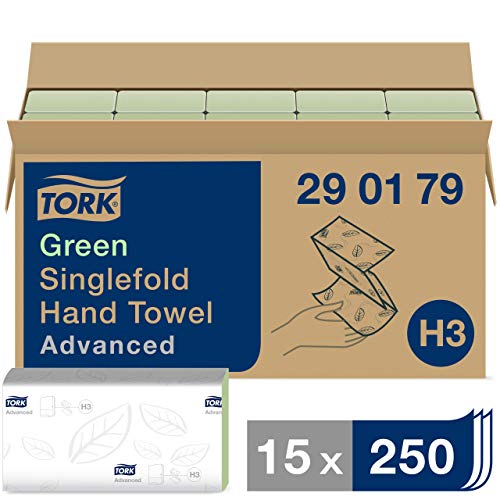 Best Value Tork Singlefold Paper Hand Towels 290179 - H3 Advanced Folded Paper Towels for Commercial Dispensers - Absorbent, Tear-Resistant, 2-Ply, Green - 15 x 250 Sheets