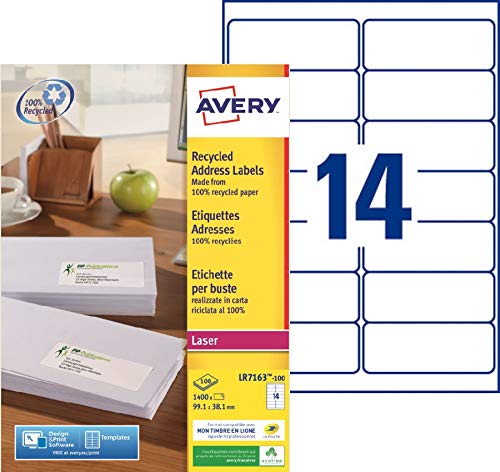 Best Value Avery Self Adhesive Recycled Address Mailing Labels, Laser Printers, 14 Labels Per A4 Sheet, 1400 labels, QuickPEEL (LR7163) White