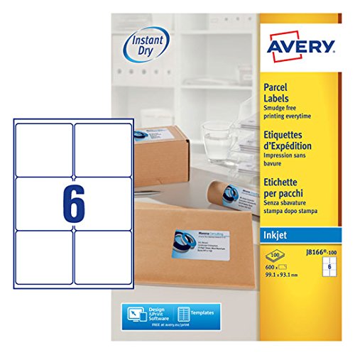 Best Value Avery Self Adhesive Parcel Shipping Labels, Inkjet Printers, 6 Labels Per A4 Sheet, 600 labels, QuickDRY (J8166)