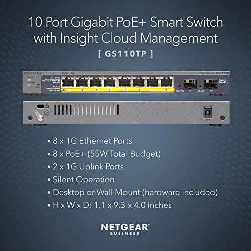 NETGEAR Smart GS110TPv3 - Switch - smart - 8 x 10/100/1000 (PoE) + 2 x SFP - desktop, wall-mountable - PoE+ (55 W) - DC power