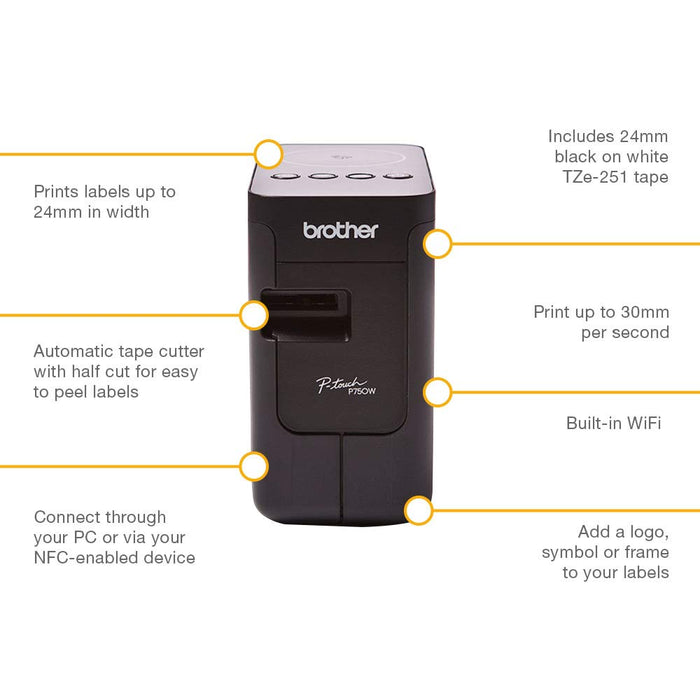 Best Value Brother PT-P750W Label Maker, P-Touch Labeller, Wireless, PC Connected and NFC, Desktop