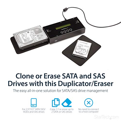 StarTech.com SATSASDUPE11 1:1 Hard Drive Duplicator and Eraser for 2.5 Inch/ 3.5 Inch SATA (I/II/III) and SAS (I/II) HDD SSD, LCD and RS-232, Cloner and Wiper