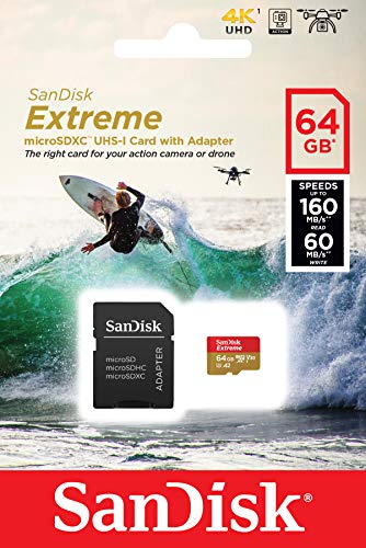 SanDisk Extreme - Flash memory card (microSDXC to SD adapter included) - 64 GB - A2 / Video Class V30 / UHS-I U3 / Class10 - microSDXC UHS-I