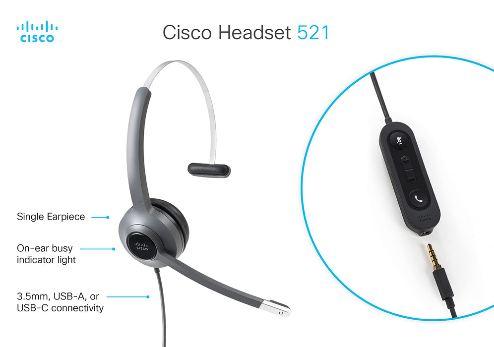 Cisco 521 Wired Single - Headset - on-ear - wired - 3.5 mm jack