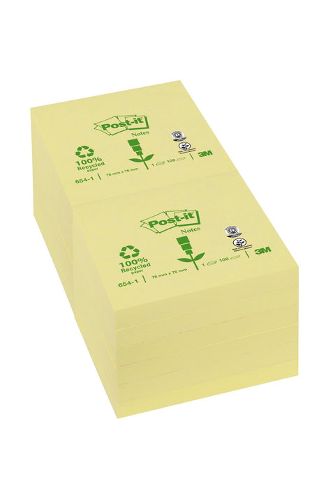 Best Value 3M Post-it Notes made from 100% recycled material, 76x76mm in canary yellow with 100 sheets per pad, Pack of 12